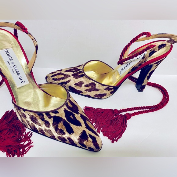 DOLCE & GABBANA Leopard Shoe Panne’ Velvet Red Silk Tassels Heel 39 New in Box - Picture 3 of 9
